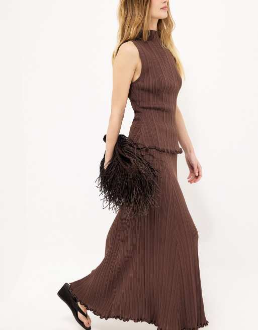 NA-KD Knitted frill detail sleeveless top in brown, 3 of 5