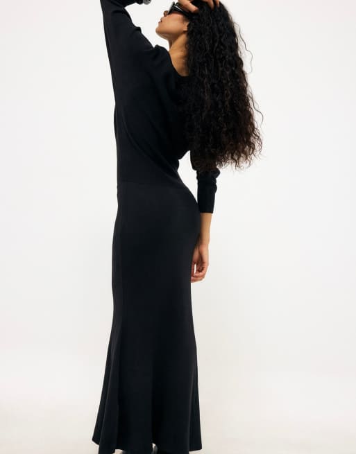 NA-KD Knitted jacquard batwing maxi dress in black, 2 of 5