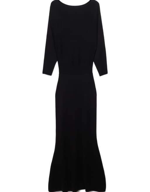 NA-KD Knitted jacquard batwing maxi dress in black, 4 of 5