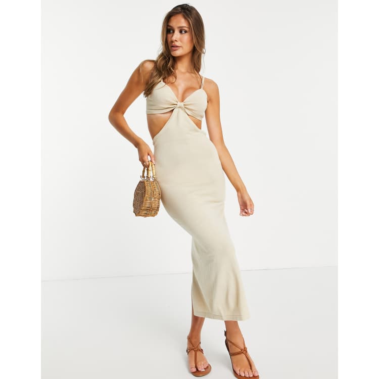 NA-KD knitted midi dress with cut out sides light beige | ASOS