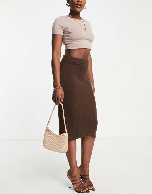 NA KD knitted midi skirt in brown