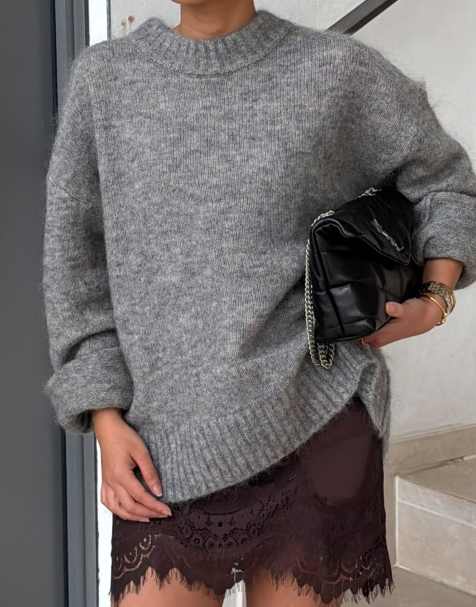 NA-KD Knitted mohair blend round neck sweater in mid grey - view 1