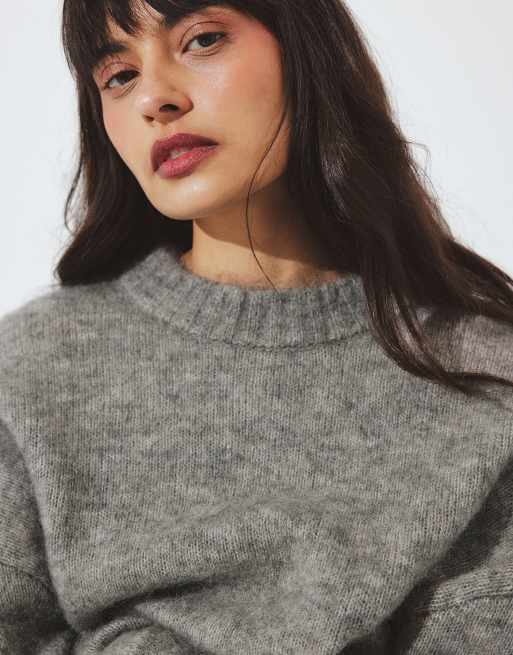 NA-KD Knitted mohair blend round neck sweater in mid grey, 5 of 5