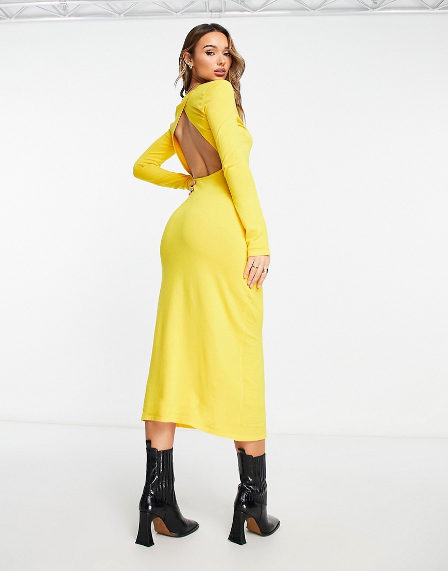 NA-KD knitted open back midi dress in yellow