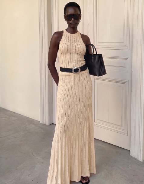 NA-KD Knitted pointelle flowy maxi skirt in vanilla - view 1