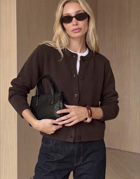 NA-KD Knitted round neck cardigan in dark brown - view 1