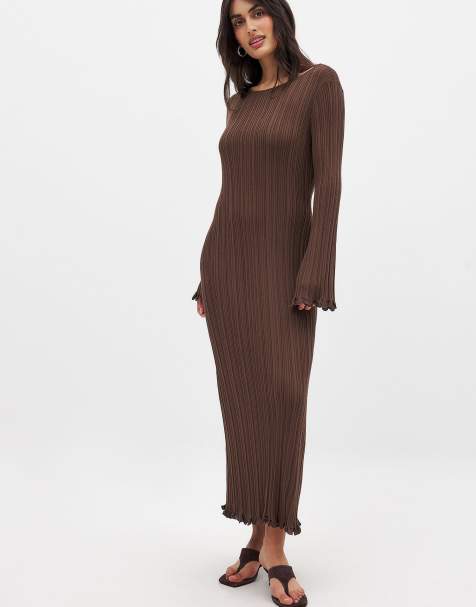 NA-KD Knitted round neck frill maxi dress in brown - view 1