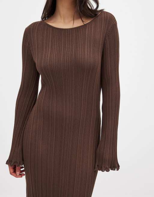 NA-KD Knitted round neck frill maxi dress in brown | ASOS