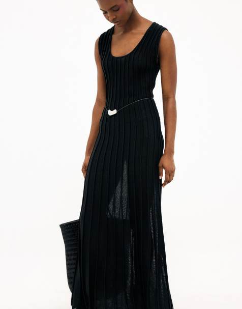 NA-KD Knitted scoop neck rib maxi dress in black - view 1