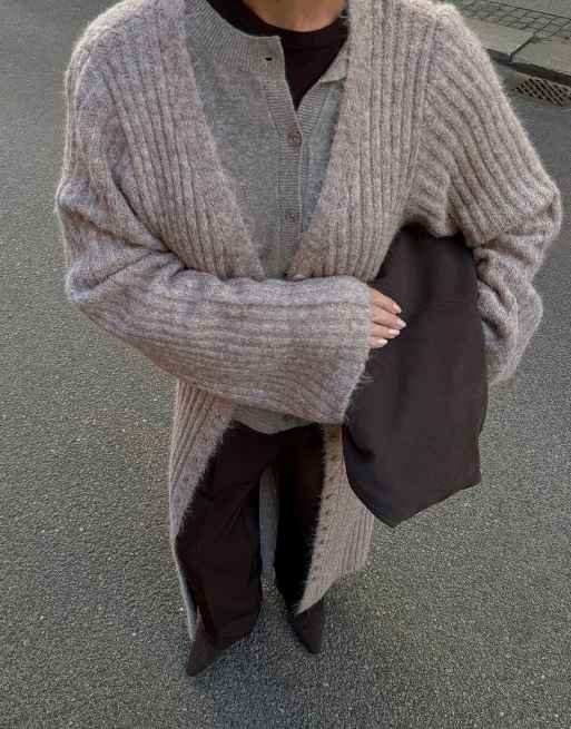 NA-KD Knitted wool blend cardigan maxi dress in beige melange, 4 of 5