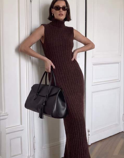 NA-KD Knitted wool blend turtleneck maxi dress in warm brown - view 1