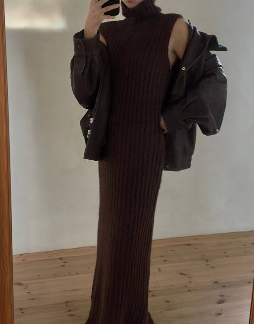 NA-KD Knitted wool blend turtleneck maxi dress in warm brown, 5 of 5