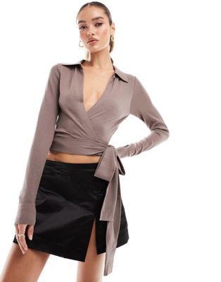 NA-KD knitted wrap around top in taupe