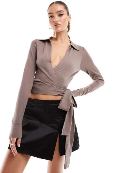 NA-KD knitted wrap around top in taupe - view 1