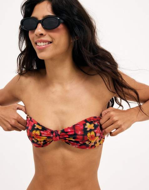 NA-KD Knot front bandeau bikini top in red/yellow print
