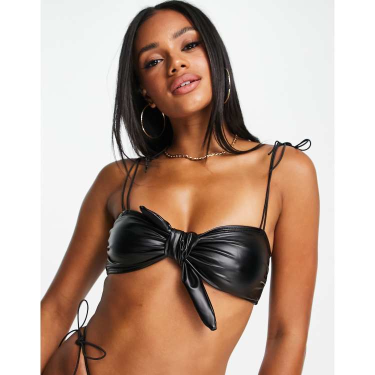 NA KD knotted bikini top in black faux leather