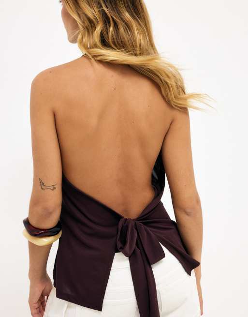 NA-KD Kristine bennigsen - halterneck tie back top in brown, 2 of 5