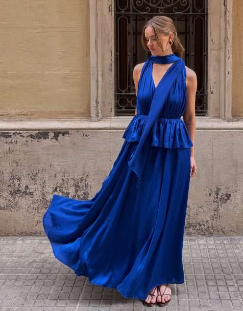 NA-KD Kristine bennigsen - plunge neckline scarf maxi dress in cobalt - view 1