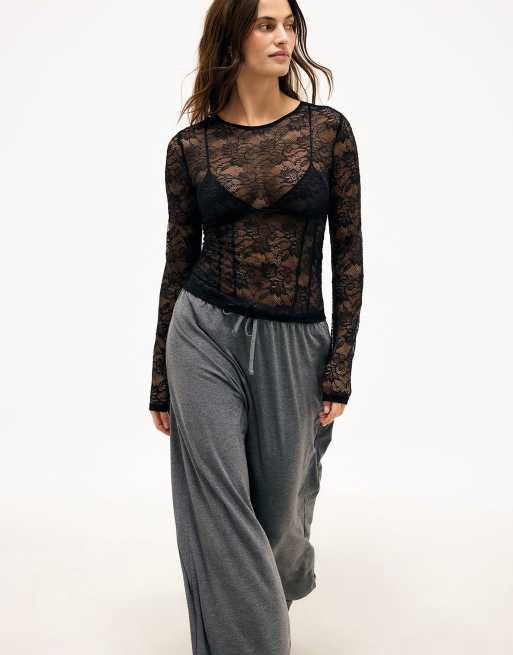 NA-KD Lace corset long sleeve top in black, 3 of 3