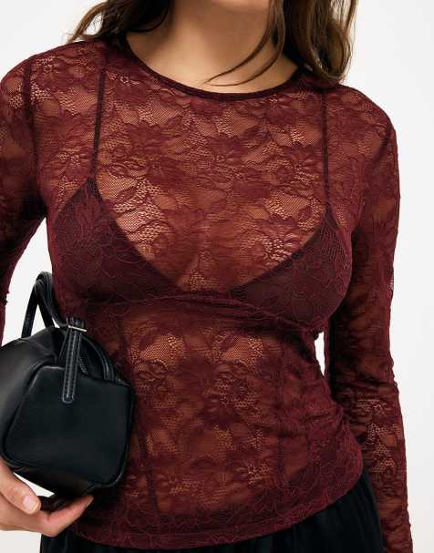 NA-KD Lace corset long sleeve top in brown