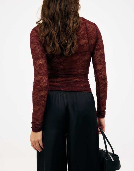 NA-KD Lace corset long sleeve top in brown, 2 of 3