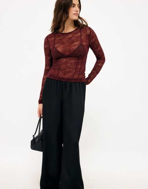NA-KD Lace corset long sleeve top in brown, 3 of 3