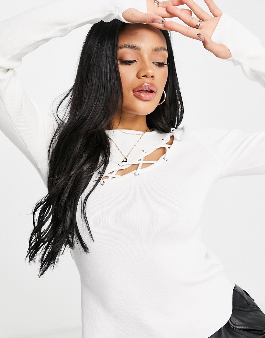 NA-KD lace detail ribbed top in white