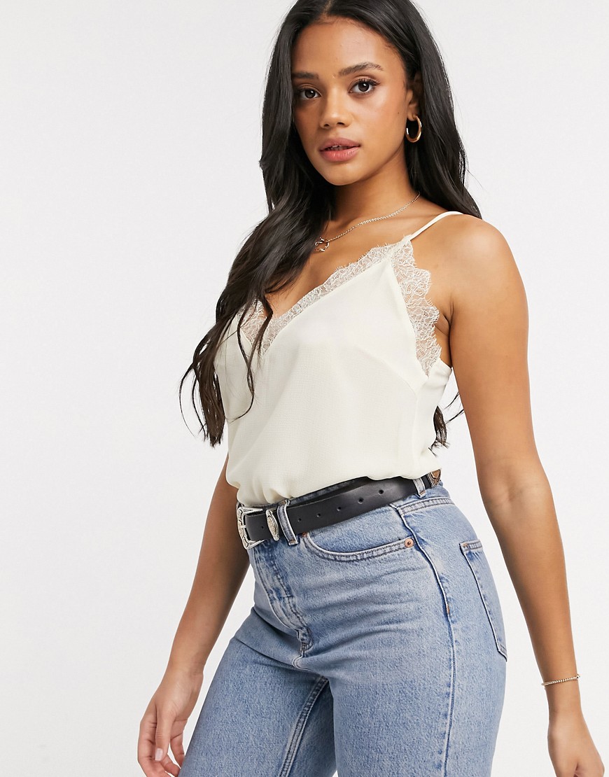 NA-KD lace singlet cami top in off white-Cream