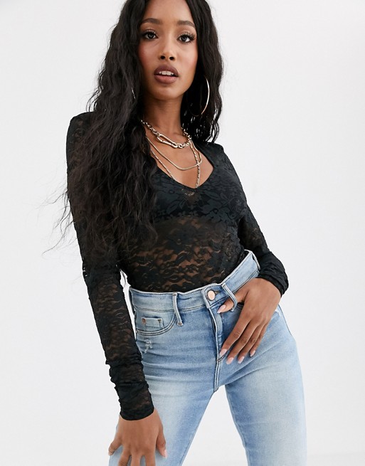NA-KD lace V-neck body with long sleeves in black