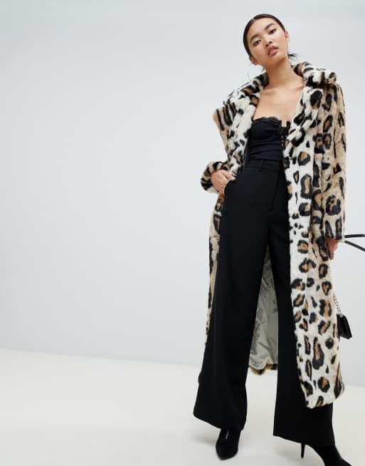 NA-KD - Lang frakke med brunt leopardprint i imiteret pels