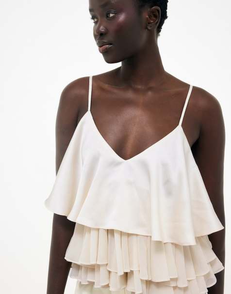 NA-KD Layered frill singlet in cream - view 1