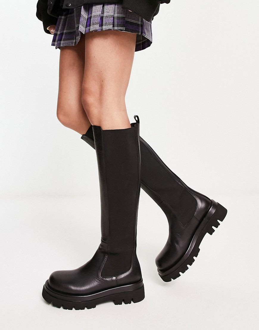 NA-KD leather chunky knee boots in black