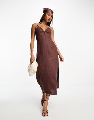 NA-KD - Leinen-Midikleid in Braun mit Neckholder-Träger-Brown