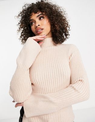 NA-KD lightweight knit jumper with side slit in light beige