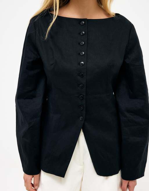 NA-KD Linen blend boatneck fitted blazer in black, 4 of 5