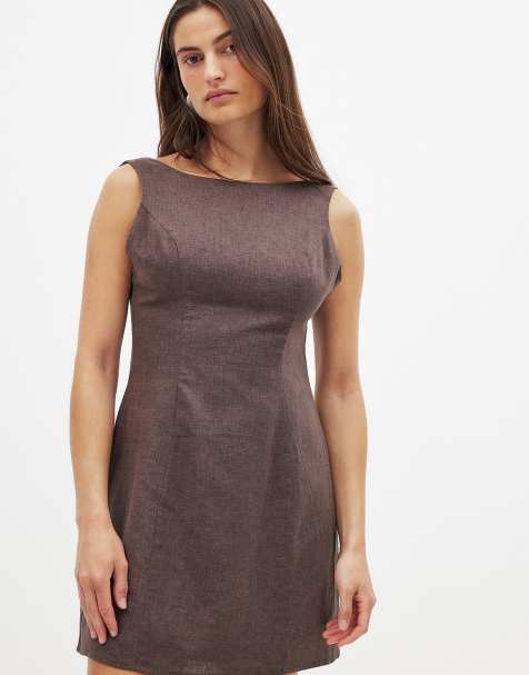 NA-KD Linen blend open back mini dress in brown - view 1