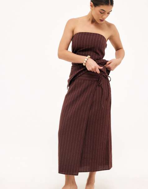 NA-KD Linen blend stripe skirt in brown - view 1