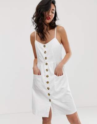 white linen button front dress