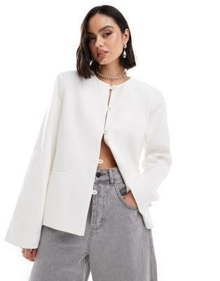 Na-kd Linen Collarless Jacket In White-neutral