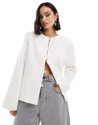 Na-kd Linen Collarless Jacket In White-neutral