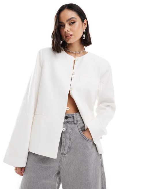 NA KD linen collarless jacket in white