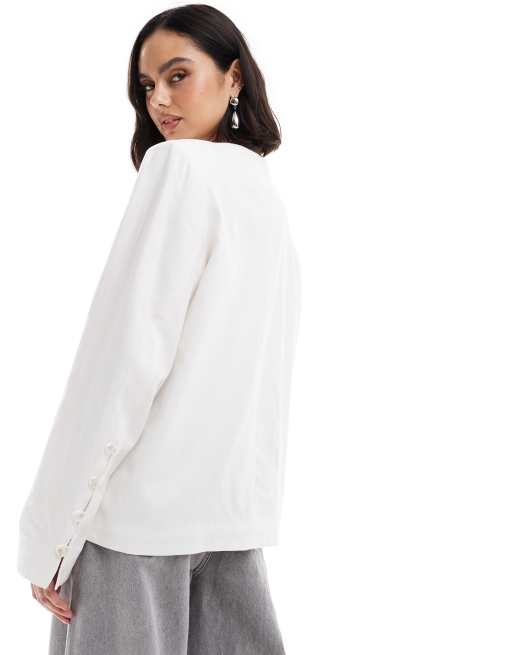 Collarless white jacket best sale