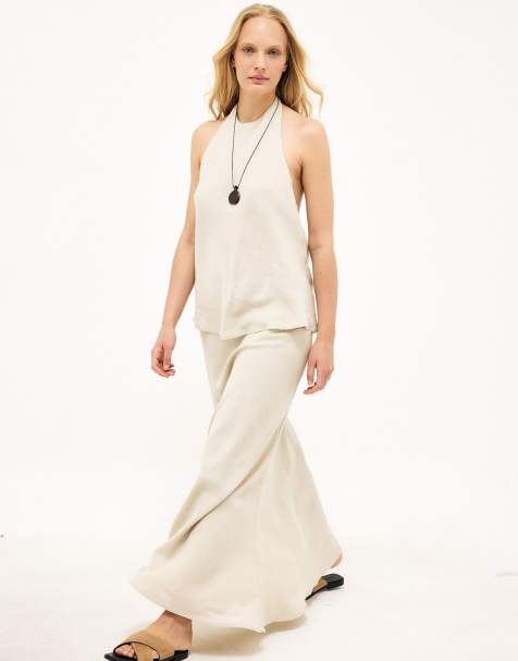 NA-KD Linen lyocell blend a line maxi skirt in light beige - view 1