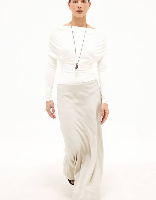NA-KD Linen lyocell blend a line maxi skirt in light beige, 2 of 5