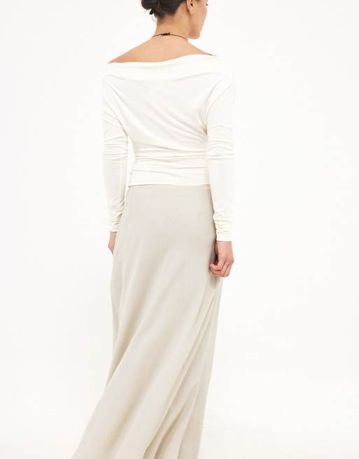 NA-KD Linen lyocell blend a line maxi skirt in light beige, 3 of 5
