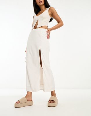 NA-KD linen side slit midi skirt in white