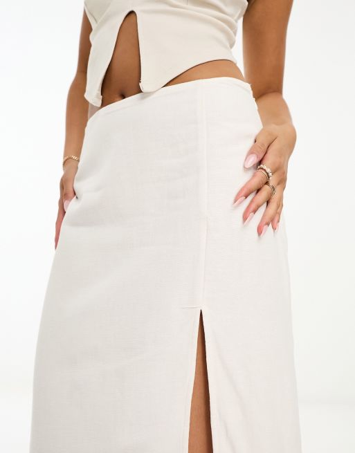 Aeditha Midi Skirt - Linen Look Wrap Skirt in Off White