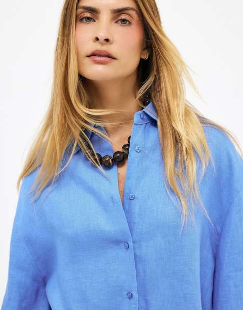 NA-KD Linen wide sleeve shirt in blue - view 1