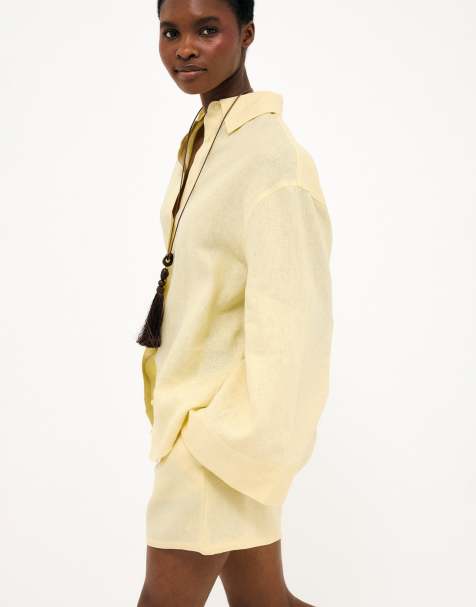 NA-KD Linen wide sleeve shirt & short in light yellow - view 1