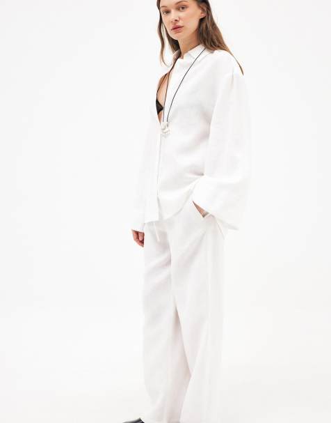 NA-KD Linen wide sleeve shirt & wide leg trouser in white - view 1